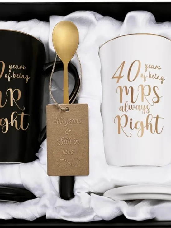 40th Anniversary Coffee Mug Set - Black & White with Gold Script - Picture 5 of 7